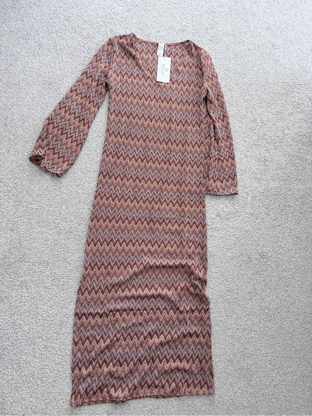 Gottex Zigzag Long Sleeve Swim Civerup Dress in Mauve Pink and Beige